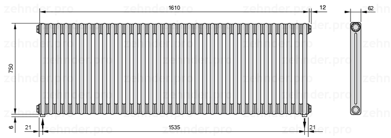 Схема (чертеж) Радиатор Zehnder Charleston 2075/35 №5310 Белый глянцевый RAL 9016
